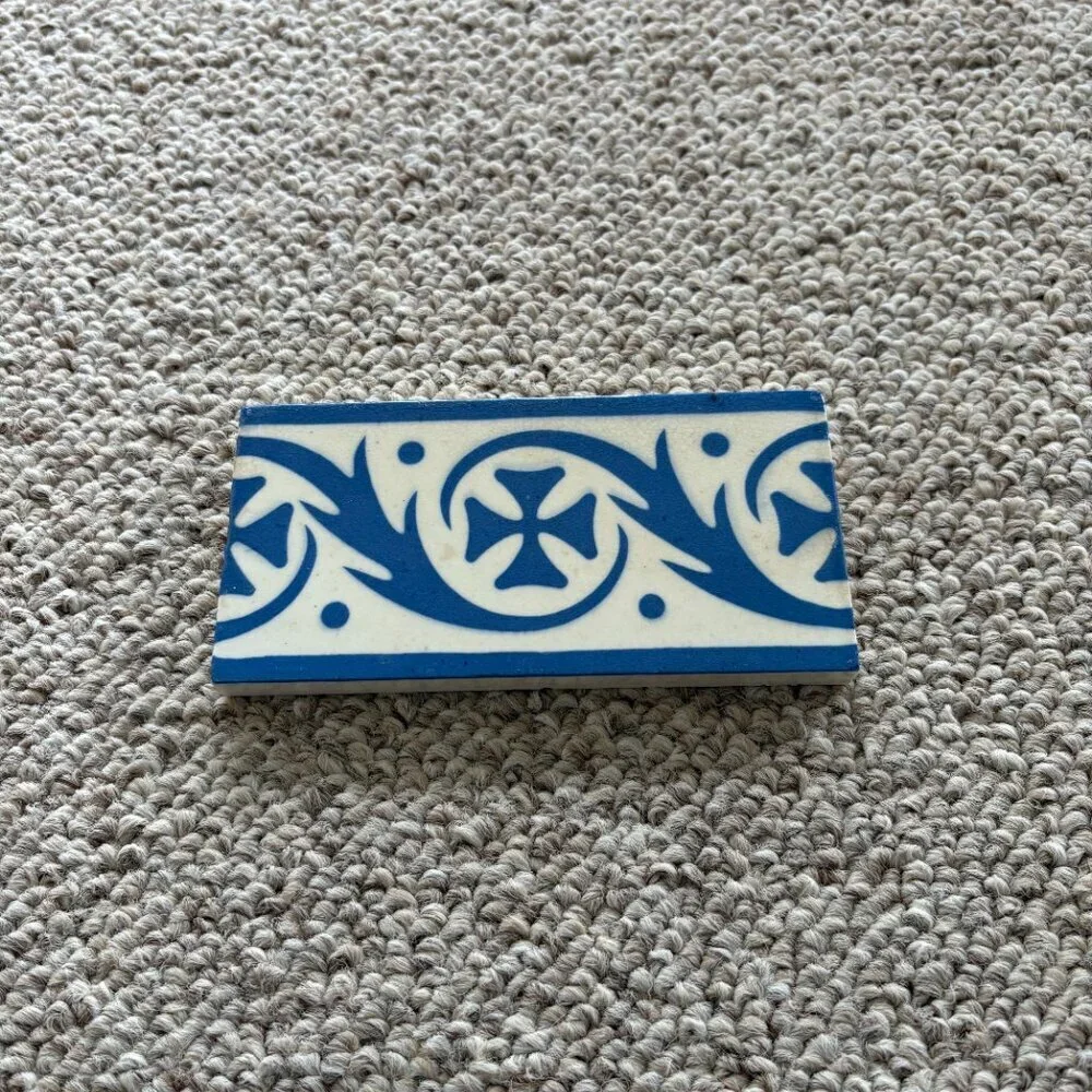 Rare Blue White Border Tile | Vintage Architectural Salvage Kitchen Decor - Picture 3 of 8